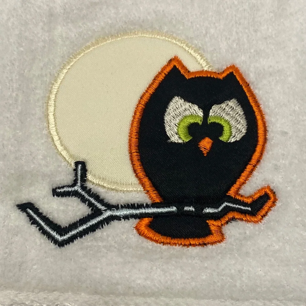 Halloween Hand Towel White Excellent Owl Moon Embroidered
